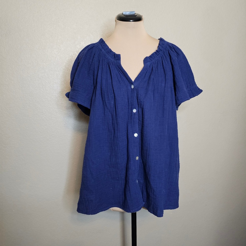 Tommy Bahama Island Gauze Navy Blue Cotton Button Front Puff Sleeve Top Large